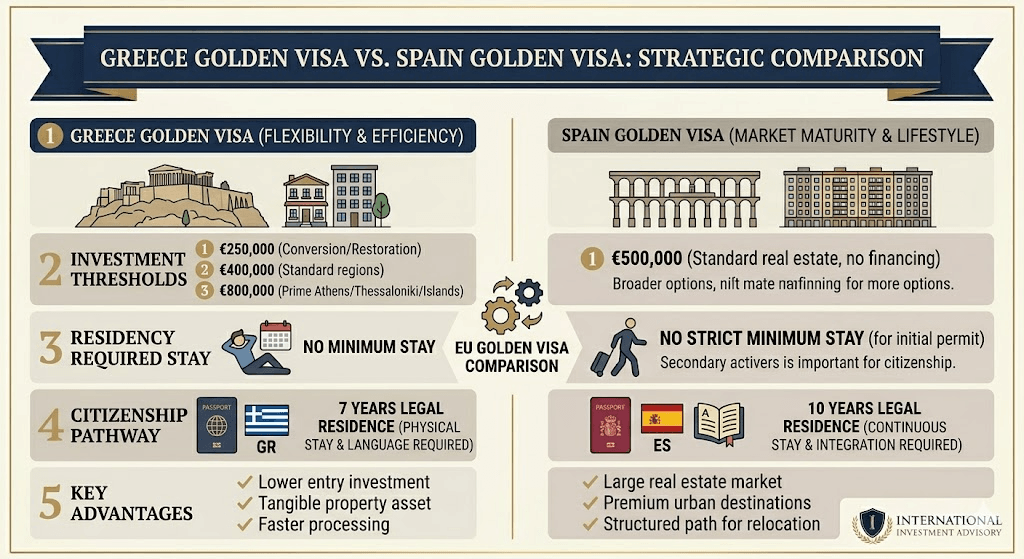 Greece vs Spain Golden Visa: Two Major EU Residency-by-Investment Programs 1 Greece vs Spain Golden Visa Comparison1